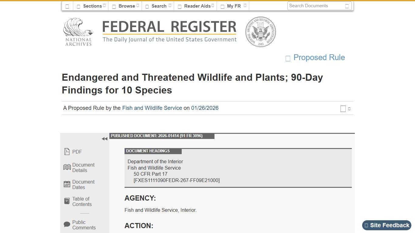 Federal Register :: Endangered and Threatened Wildlife and Plants; 90-Day Findings for 10 Species